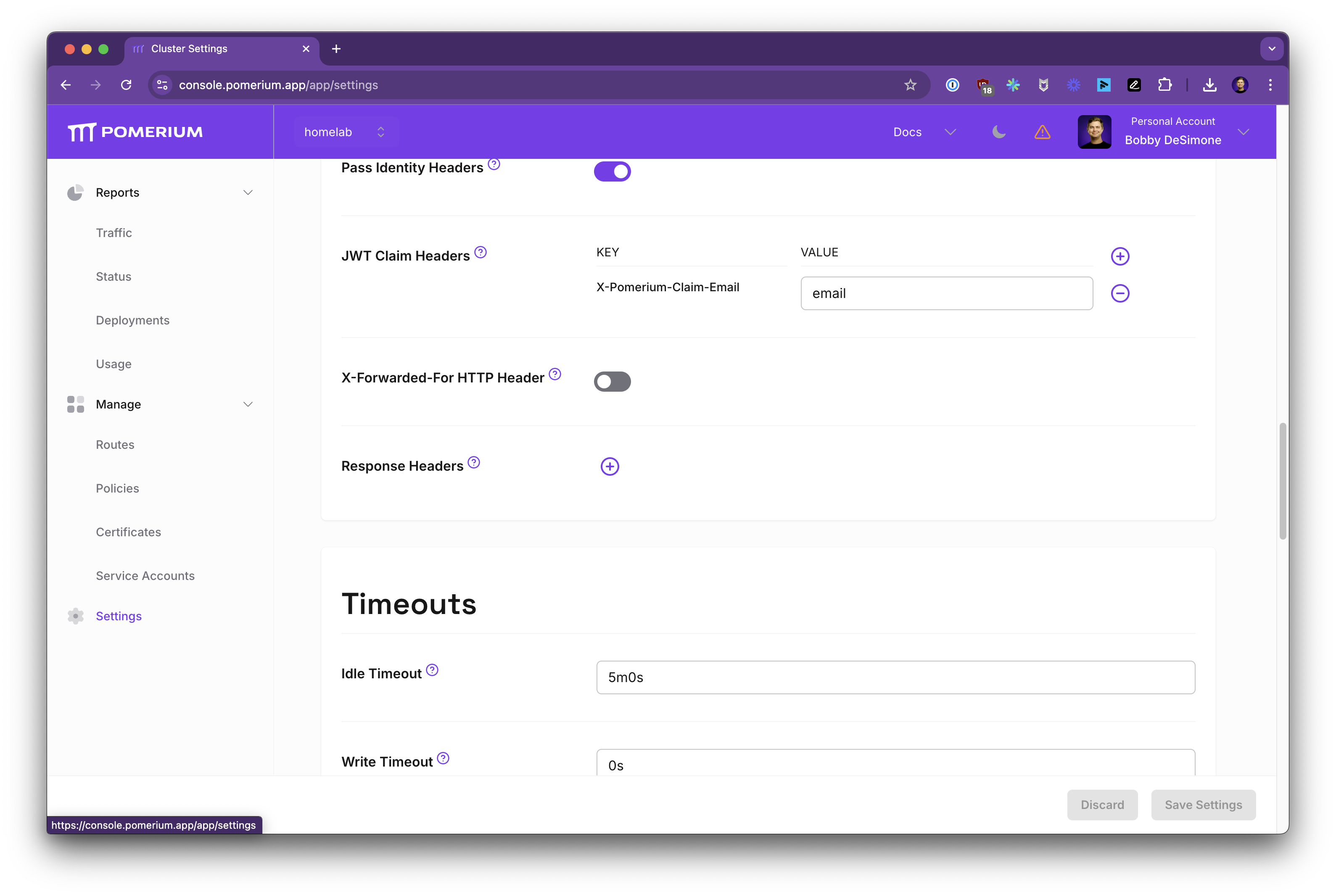 Screenshot of Pomerium cluster settings mapping X-Pomerium-Claim-Email to the user's email